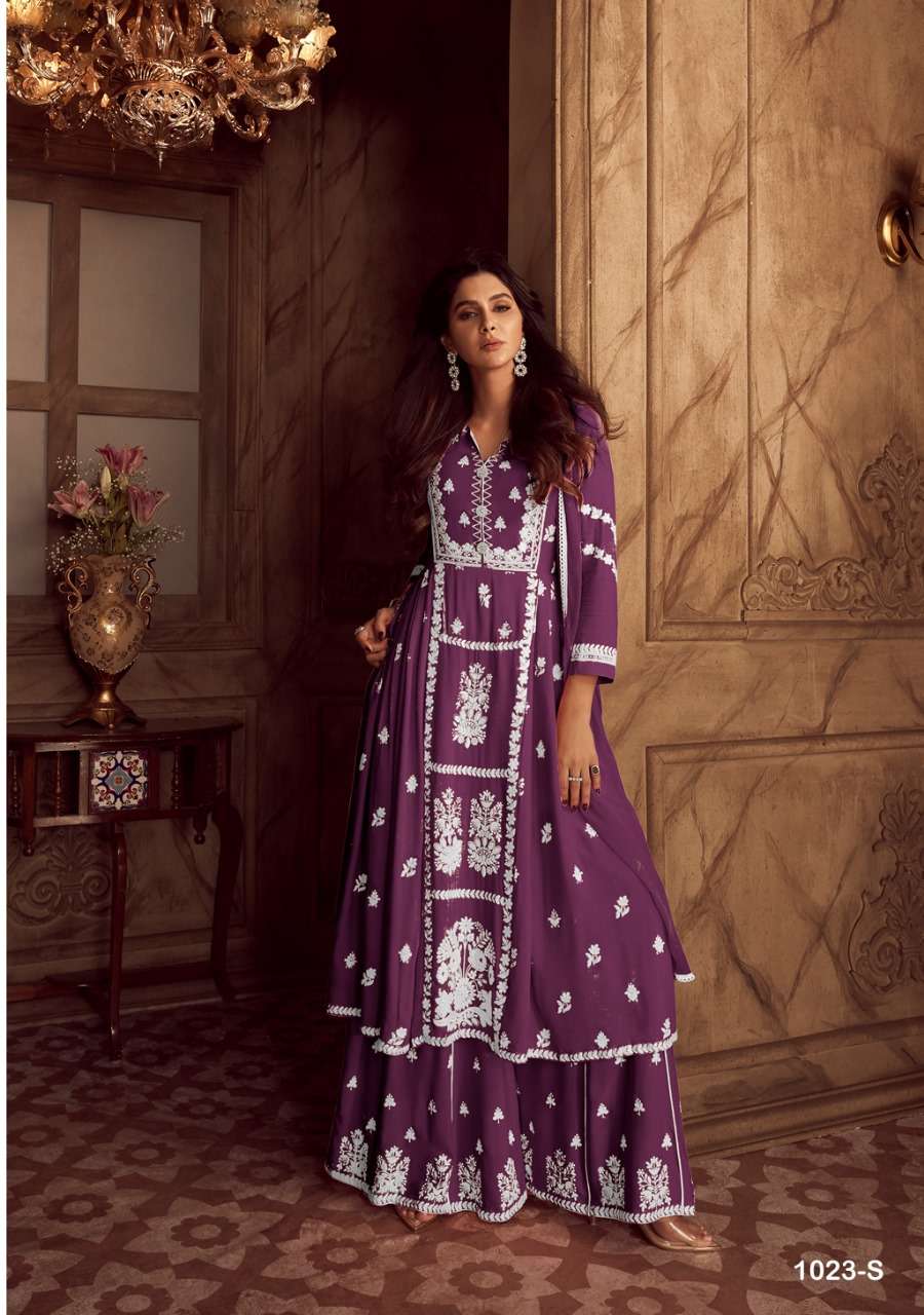 LAKHNAVI VOL 4 DARK LIST HEAVY RAYON LAKHNAWI WORK KURTI WITH PLAZZO AND DUPATTA BY S3FOREVER BRAND 1023 S